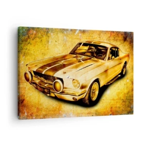 Bild auf Leinwand - Leinwandbild - Klassischer Retro-Sportwagen auf Vintage-Hintergrund in Goldtönen - 70x50cm - Die verrückten 70er Jahre - Moderne Wanddekoration für Wohnzimmer und Schlafzimmer ARTTOR