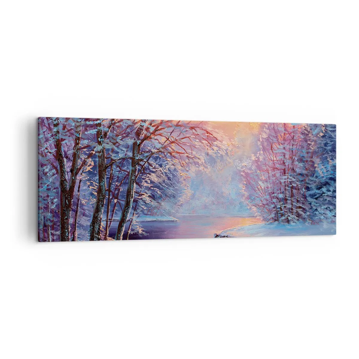 Bild auf Leinwand - Leinwandbild - Winterlandschaft mit Fluss und Bäumen bei Sonnenaufgang - 140x50cm - Die Farben des Winters - Moderne Wanddekoration für Wohnzimmer und Schlafzimmer ARTTOR