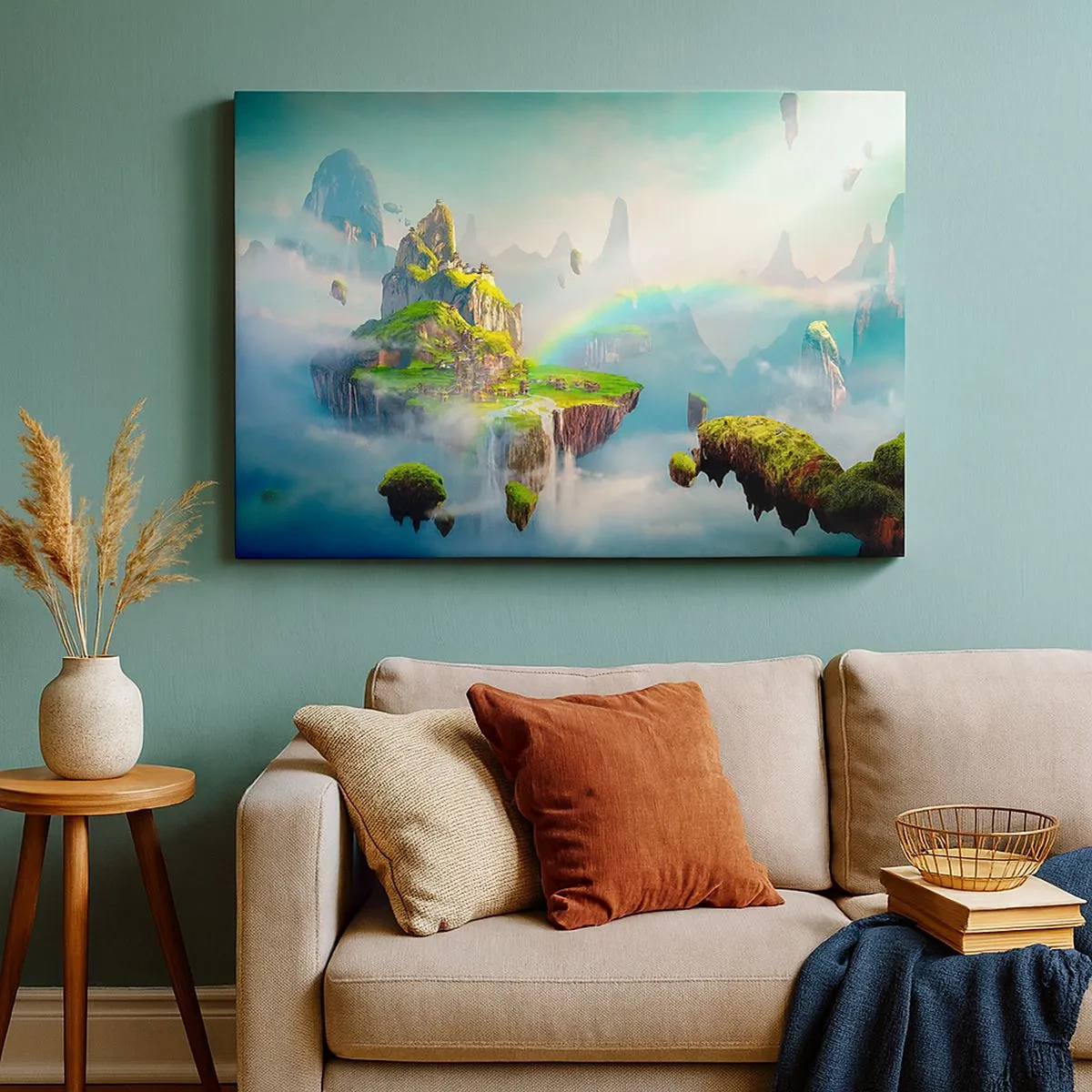 Bild auf Leinwand - Leinwandbild - Fliegende Inseln zwischen den Wolken mit einem Regenbogen am Horizont - 70x50cm - Mitten am Himmel - glückliche Inseln - Moderne Wanddekoration für Wohnzimmer und Schlafzimmer ARTTOR