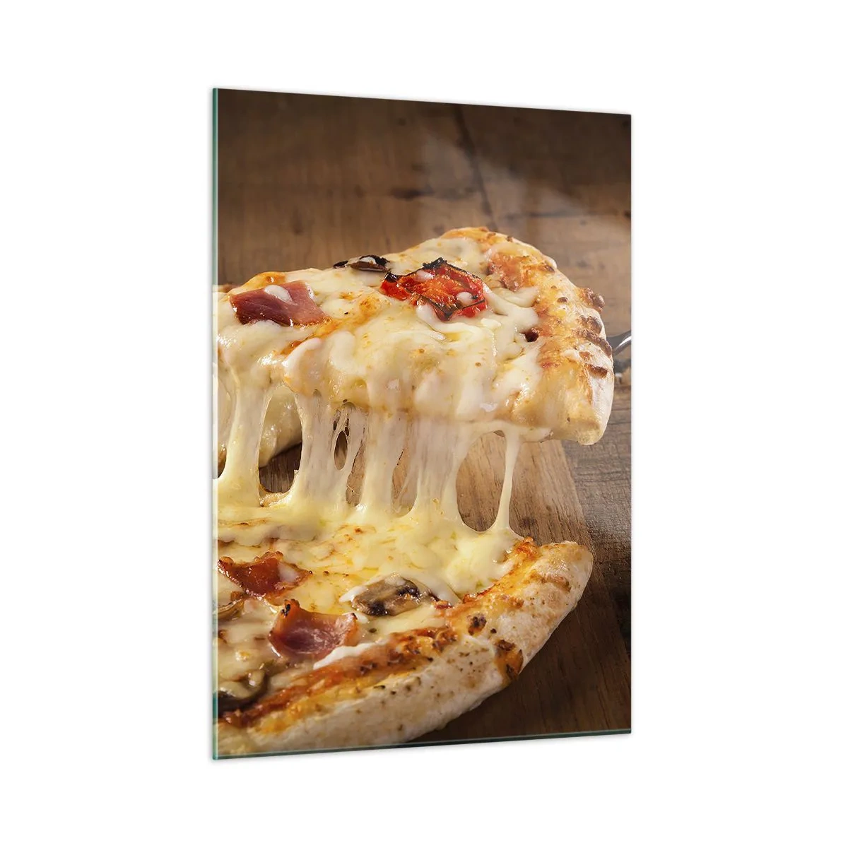 Glasbild - Bild auf glas - Pizza mit faserigem Käse, Tomaten und Schinken auf Holzuntergrund - 50x70cm - Ein Meisterwerk der italienischen Kunst - Moderne Wanddekoration für Wohnzimmer und Schlafzimmer ARTTOR