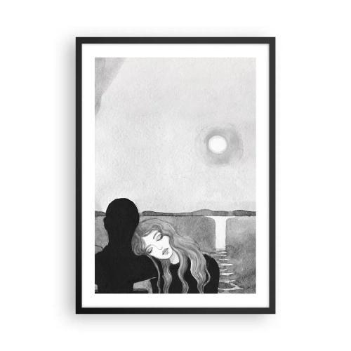 Poster in einem schwarzem Rahmen - Frau lehnt an Schattenfigur, Mond und Wasserfall - 50x70cm - Immer ein Geheimnis - Moderne Wanddekoration für Wohnzimmer und Schlafzimmer ARTTOR