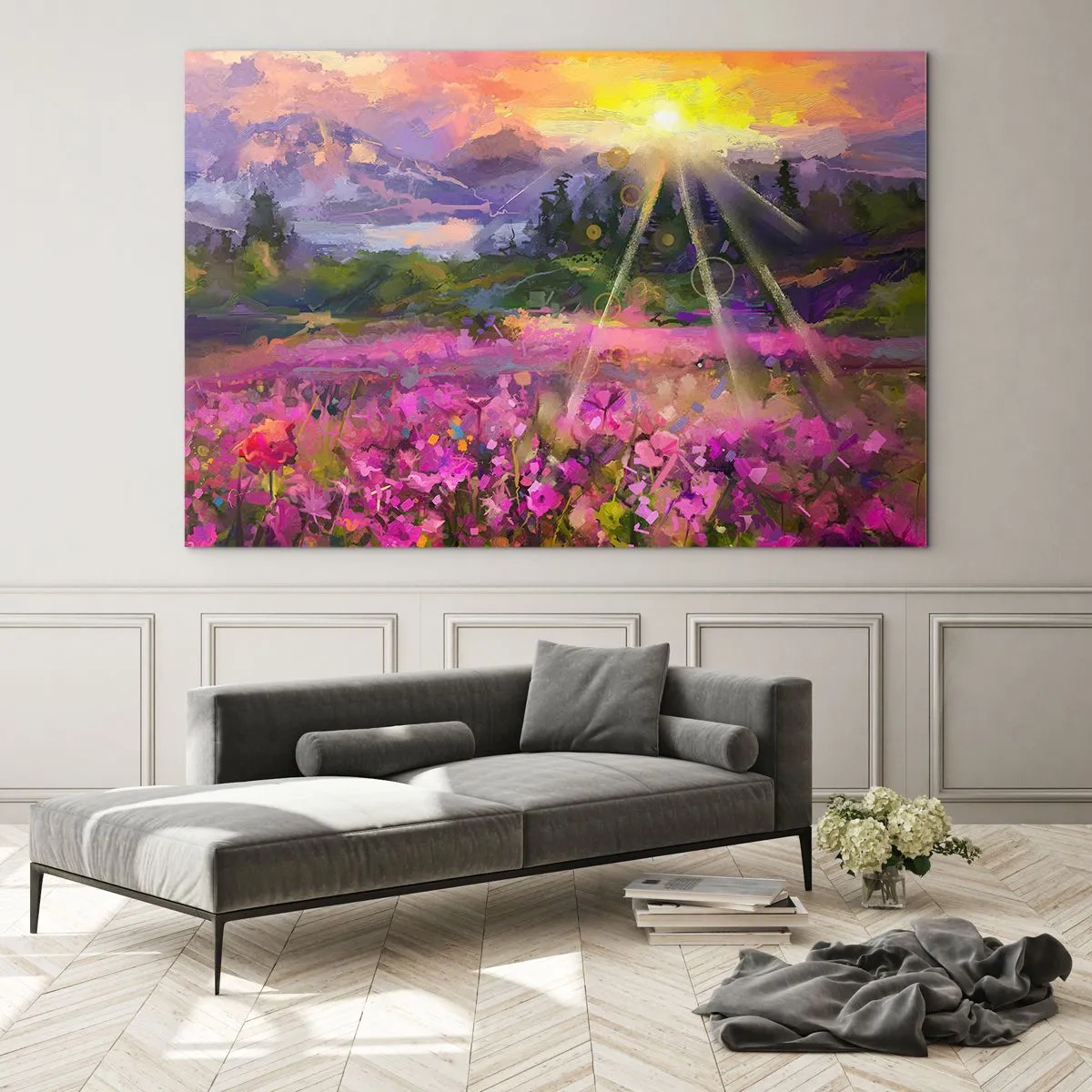 Glasbild - Bild auf glas - Ein malerisches Tal voller Blumen, beleuchtet von den Sonnenstrahlen - 70x50cm - Im Tal unter dem Schutz der Sonne - Moderne Wanddekoration für Wohnzimmer und Schlafzimmer ARTTOR