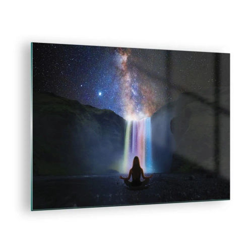 Glasbild - Bild auf glas - Meditation vor einem farbenfrohen Wasserfall bei Nacht - 70x50cm - Absolute Harmonie - Moderne Wanddekoration für Wohnzimmer und Schlafzimmer ARTTOR