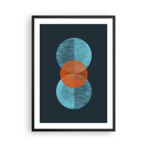 Poster in einem schwarzem Rahmen - Symmetrische Kreise in Blau- und Orangetönen mit Linien - 50x70cm - Symmetrische Komposition - Moderne Wanddekoration für Wohnzimmer und Schlafzimmer ARTTOR