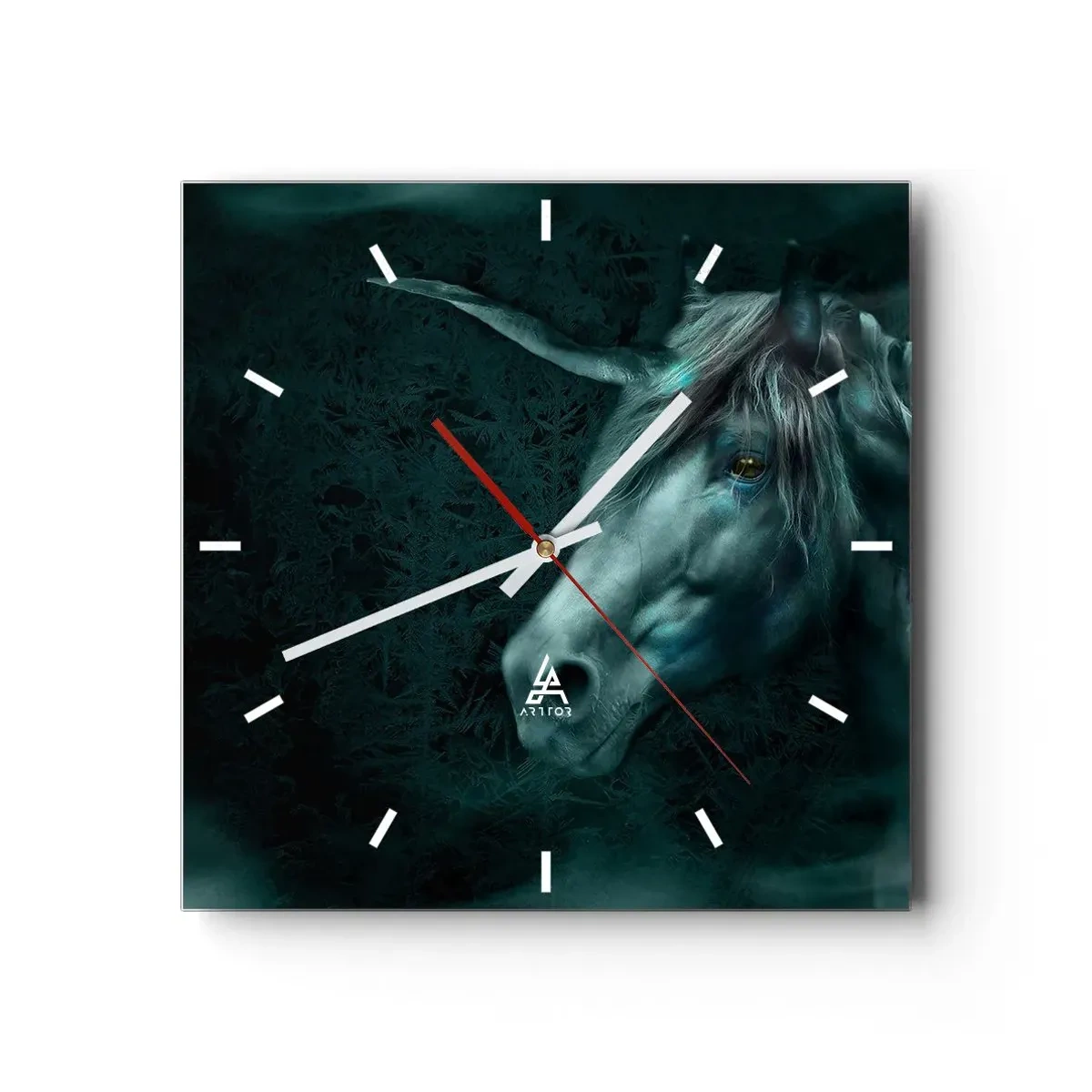 Wanduhr - Glasuhr - Ein magisches Einhorn in einem geheimnisvollen, dunklen Wald mit Fantasiefarben. - 30x30cm - In einem Märchenwald - Moderne Wanddekoration für Wohnzimmer und Schlafzimmer ARTTOR
