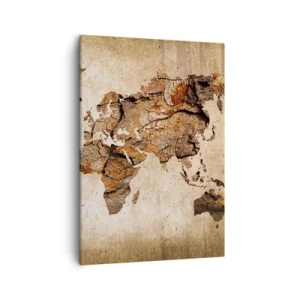 Bild auf Leinwand - Leinwandbild - Eine Weltkarte im rustikalen Holzstil - 50x70cm - Entdeckung der Welt - Moderne Wanddekoration für Wohnzimmer und Schlafzimmer ARTTOR