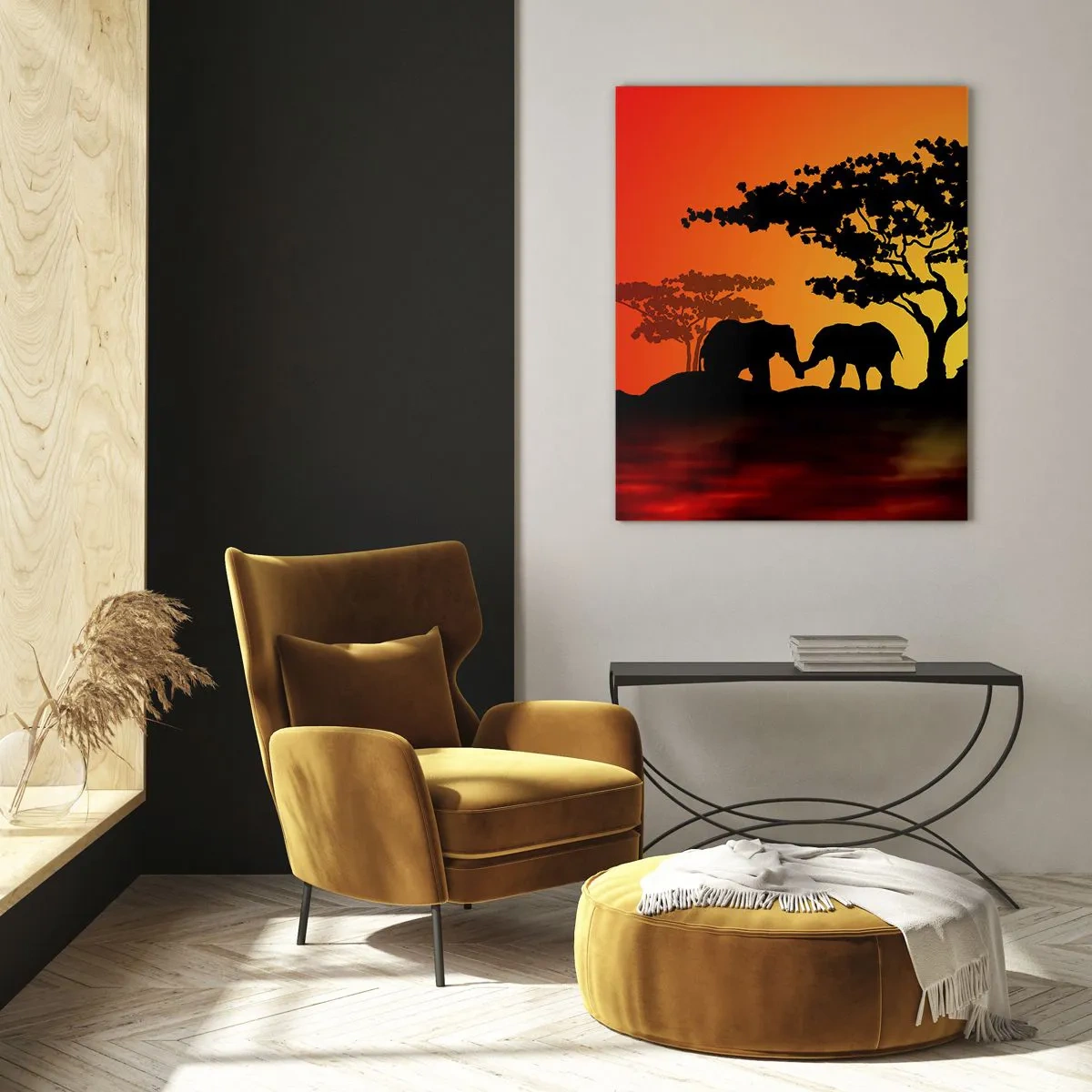 Glasbild - Bild auf glas - Afrikanische Landschaft mit Bäumen und Tieren bei Sonnenuntergang - 50x70cm - Treffen in der Savanne - Moderne Wanddekoration für Wohnzimmer und Schlafzimmer ARTTOR