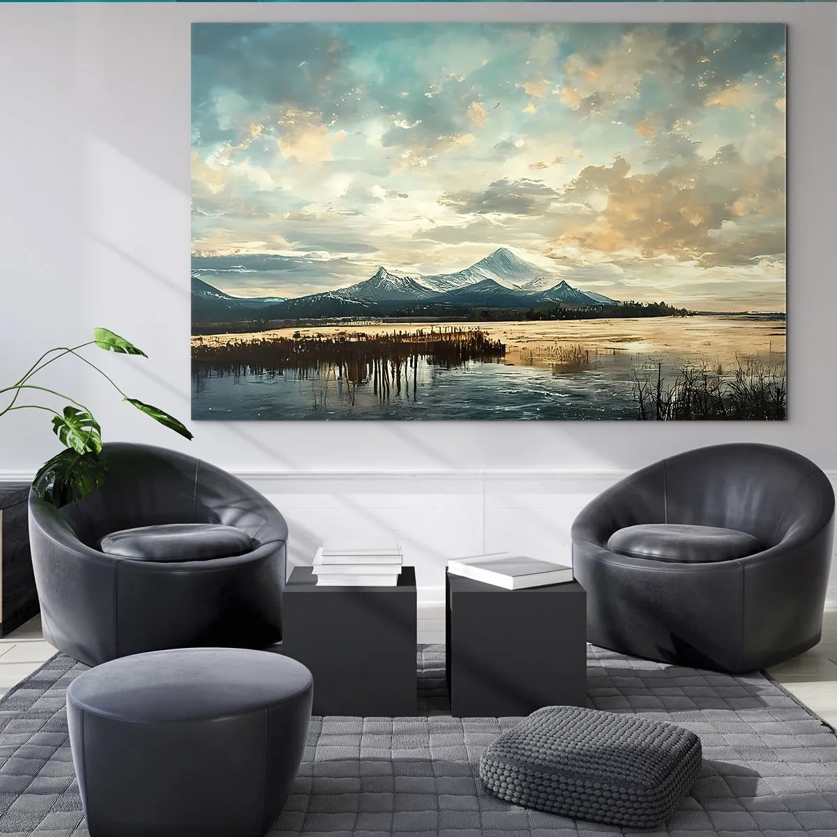 Glasbild - Bild auf glas - Winterlandschaft mit Bergen und einem zugefrorenen See - 70x50cm - Unter dem Schutz des Himmels - Moderne Wanddekoration für Wohnzimmer und Schlafzimmer ARTTOR
