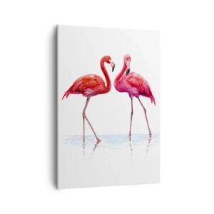 Bild auf Leinwand - Leinwandbild - Ein Flamingopaar im Wasser vor hellem Hintergrund - 50x70cm - Rosa randez-vous - Moderne Wanddekoration für Wohnzimmer und Schlafzimmer ARTTOR