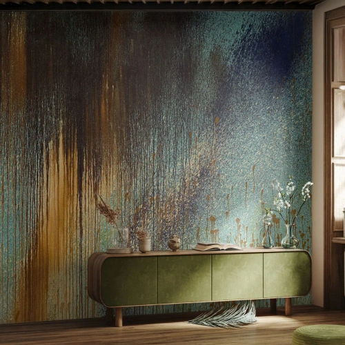 Fototapete Premium Sand - Abstrakte Komposition in Gold und Türkis - 100x70cm - Eine nicht zufällige farbenfrohe Komposition - Moderne Wanddekoration für Wohnzimmer und Schlafzimmer ARTTOR