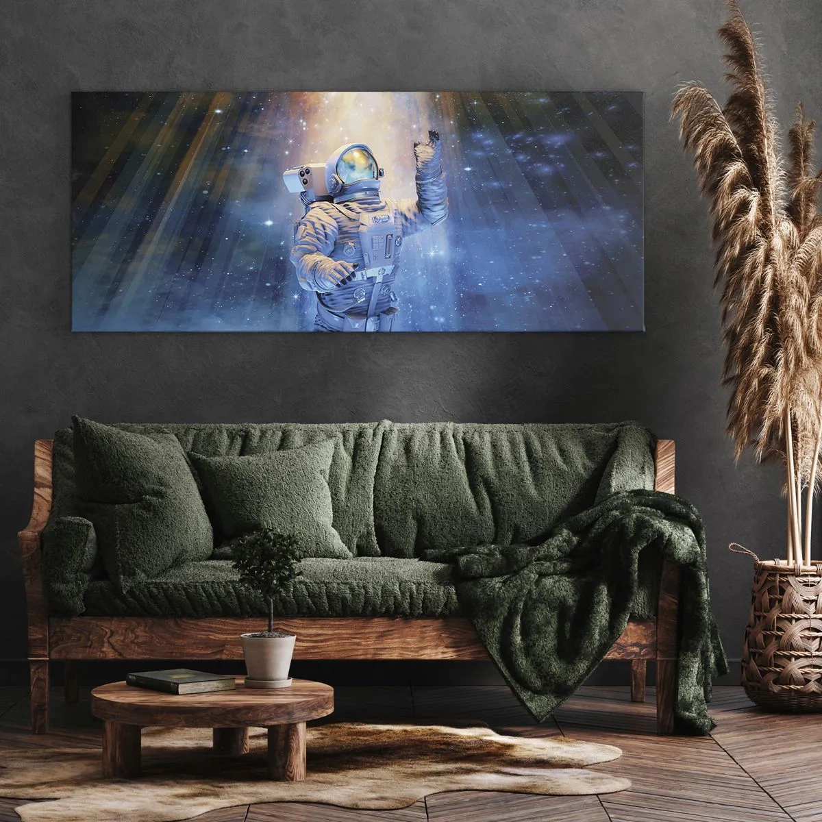 Bild auf Leinwand - Leinwandbild - Astronaut im Licht einer kosmischen Explosion voller Sterne - 160x50cm - Endlich am Ende - Moderne Wanddekoration für Wohnzimmer und Schlafzimmer ARTTOR