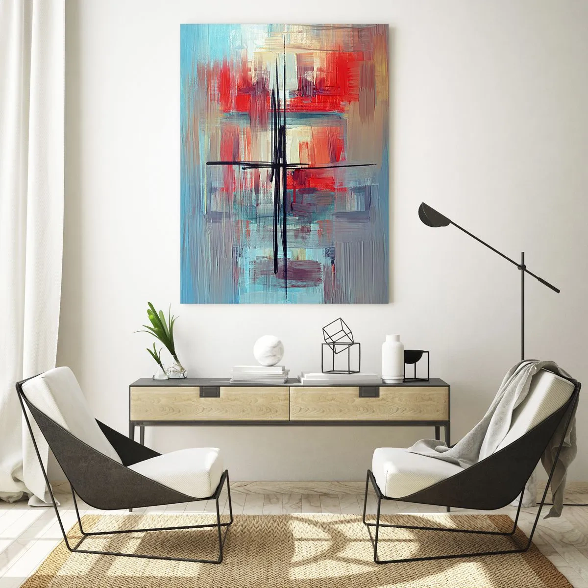 Glasbild - Bild auf glas - Eine abstrakte Komposition mit intensiven Farben, Linien und geometrischen Formen. - 80x120cm - Landschaft in einer unbekannten Dimension - Moderne Wanddekoration für Wohnzimmer und Schlafzimmer ARTTOR