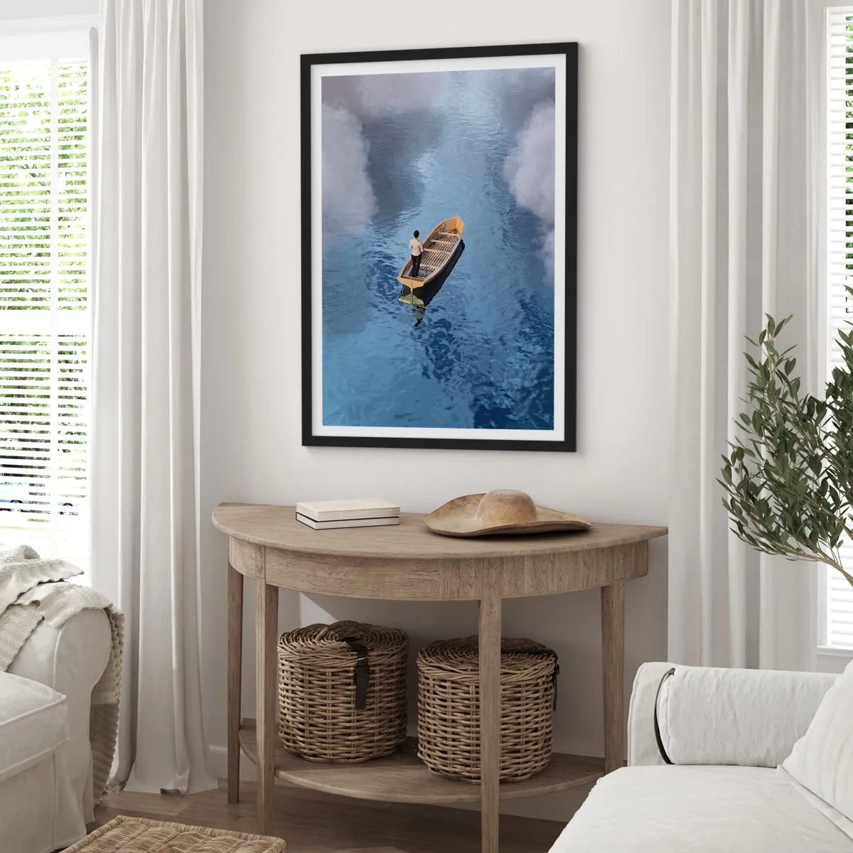 Poster in einem schwarzem Rahmen - Eine Person in einem Boot, das auf dem Wasser schwimmt und in dem sich Himmel und Wolken spiegeln. - 50x70cm - Leben – Reise – unbekannt - Moderne Wanddekoration für Wohnzimmer und Schlafzimmer ARTTOR