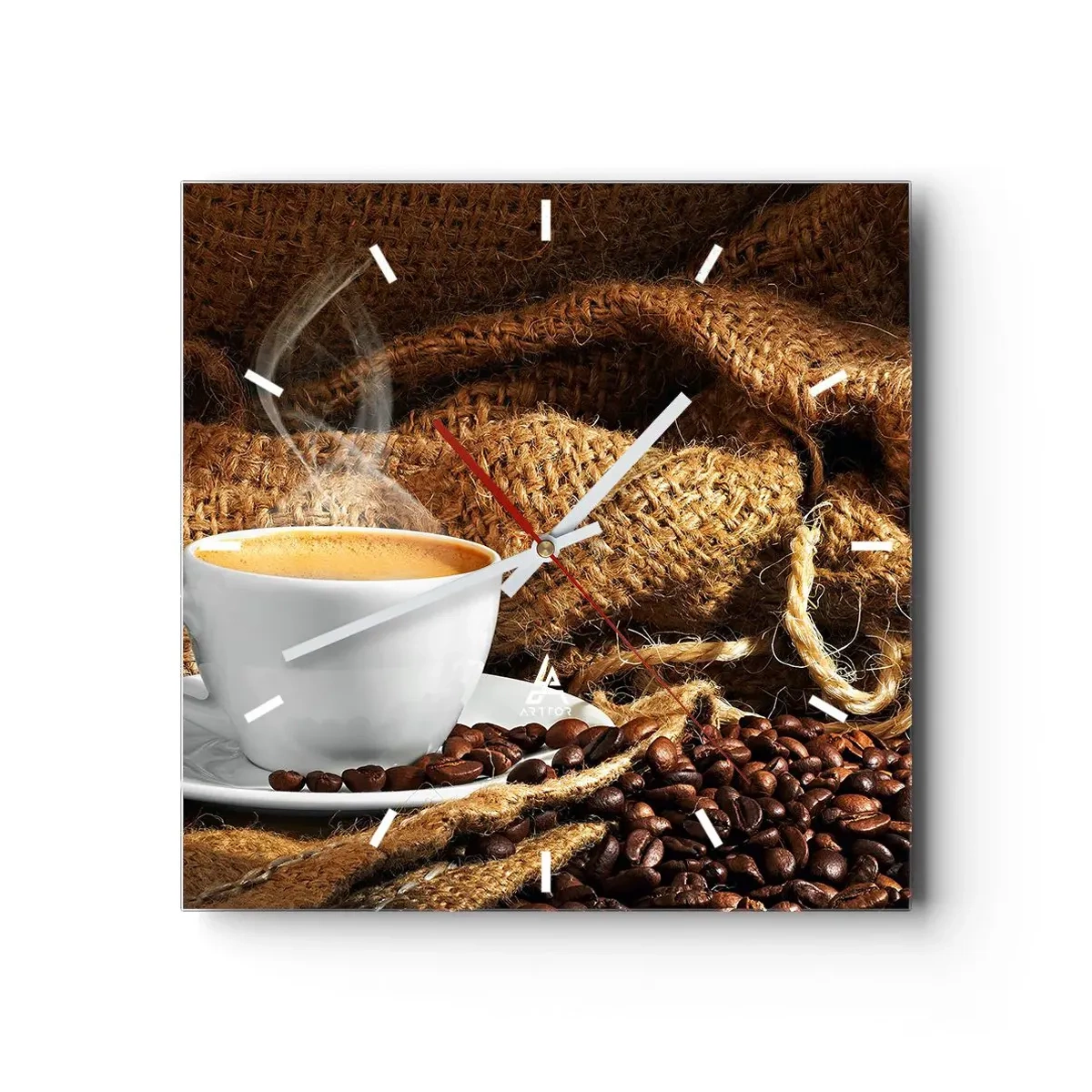 Wanduhr - Glasuhr - Eine Tasse Kaffee, umgeben von einer Tüte Kaffeebohnen - 30x30cm - Der Geruch von Mokka und die Dicke der Honigflüssigkeit - Moderne Wanddekoration für Wohnzimmer und Schlafzimmer ARTTOR
