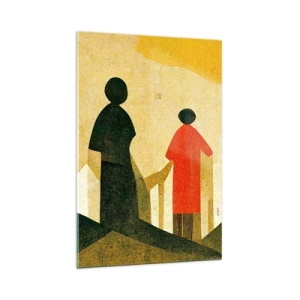 Glasbild - Bild auf glas - Geometrische Silhouetten in Rot und Grün auf gelbem Hintergrund - 70x100cm - Es ist noch ein langer Weg - Moderne Wanddekoration für Wohnzimmer und Schlafzimmer ARTTOR