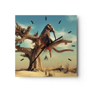 Wanduhr - Glasuhr - Ein Elefant sitzt auf einem Baum in einer surrealen Landschaft - 30x30cm - Ein neuer Standpunkt - Moderne Wanddekoration für Wohnzimmer und Schlafzimmer ARTTOR