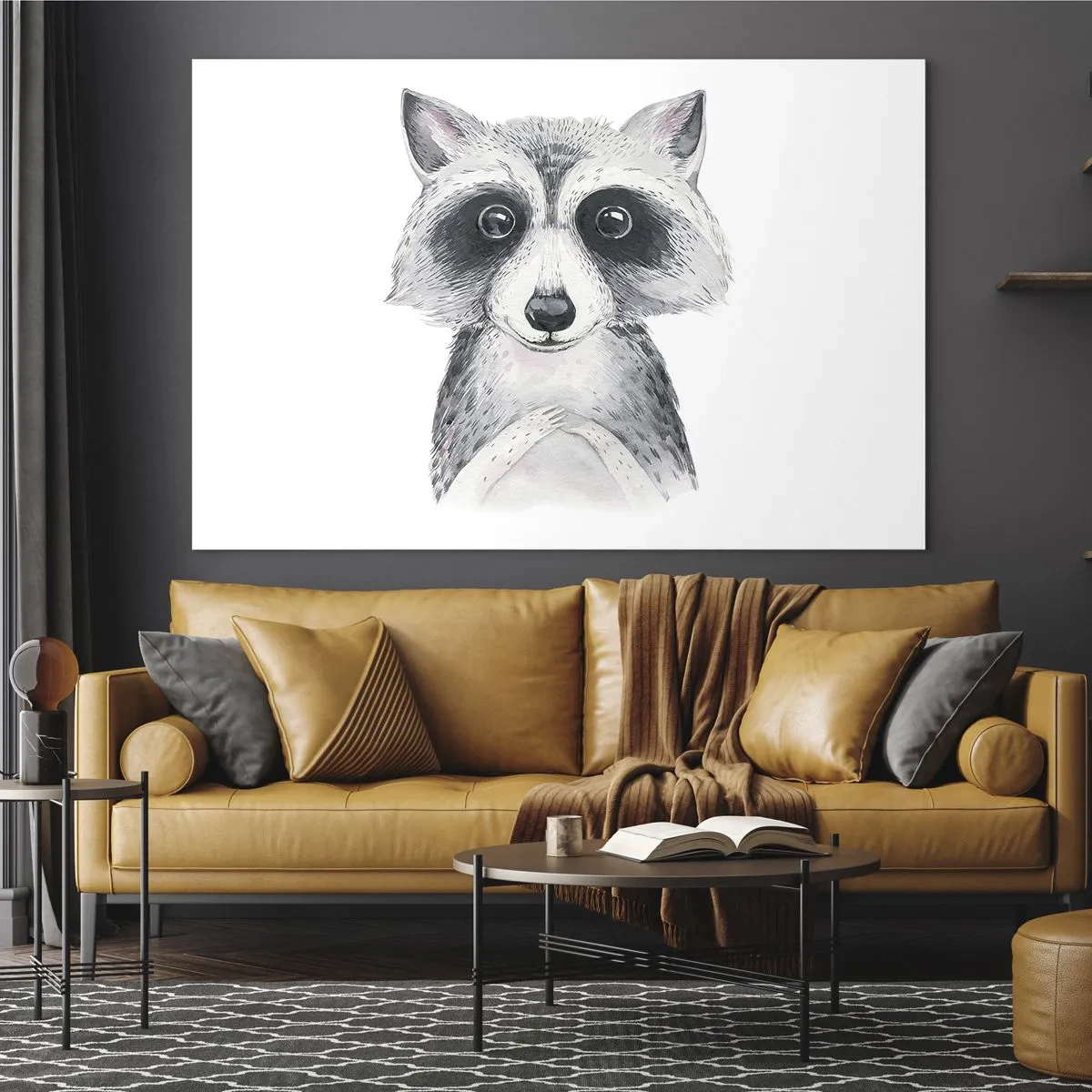 Glasbild - Bild auf glas - Porträt eines Marderhundes in Schwarz und Weiß - 70x50cm - Ein Moment zum Bewegen - Moderne Wanddekoration für Wohnzimmer und Schlafzimmer ARTTOR