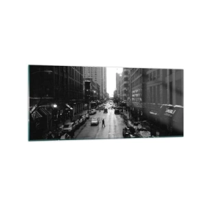 Glasbild - Bild auf glas - Eine schwarz-weiße Straße mitten in der Stadt mit Autos und Fußgängern - 120x50cm - Ein weiterer Tag wie jeder andere Tag - Moderne Wanddekoration für Wohnzimmer und Schlafzimmer ARTTOR