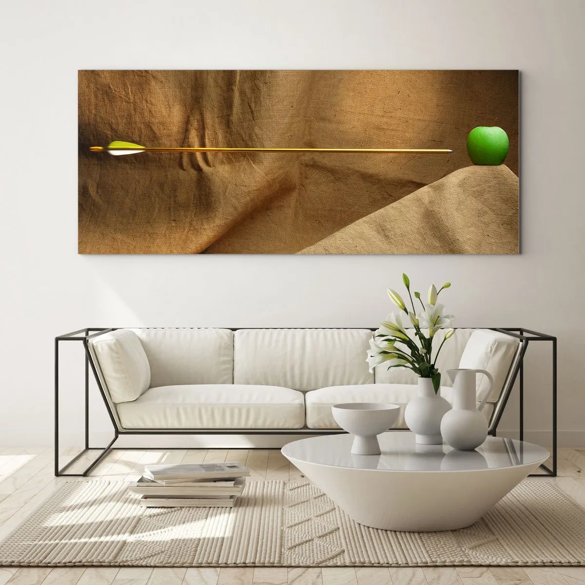 Glasbild - Bild auf glas - Grüner Apfel auf Stoff mit einem Pfeil, der eine Komposition ergibt - 160x50cm - Beschwöre den Geist von Wilhelm Tell - Moderne Wanddekoration für Wohnzimmer und Schlafzimmer ARTTOR