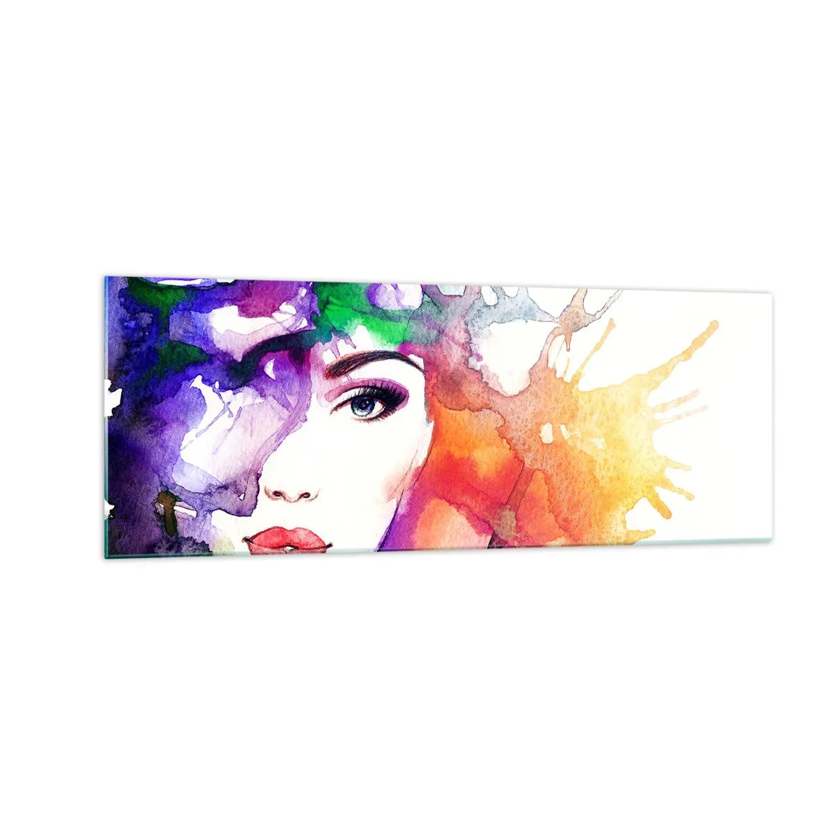 Glasbild - Bild auf glas - Porträt einer Frau in Aquarellfarben mit abstrakten Flecken - 140x50cm - Mit dem Kopf in den Wolken - Moderne Wanddekoration für Wohnzimmer und Schlafzimmer ARTTOR