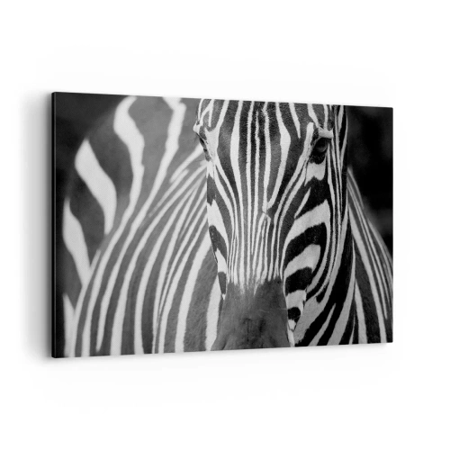 Bild auf Leinwand - Leinwandbild - Eine Schwarz-Weiß-Nahaufnahme eines Zebras mit seinen charakteristischen Streifen. - 120x80cm - Die Welt ist schwarz und weiß - Moderne Wanddekoration für Wohnzimmer und Schlafzimmer ARTTOR