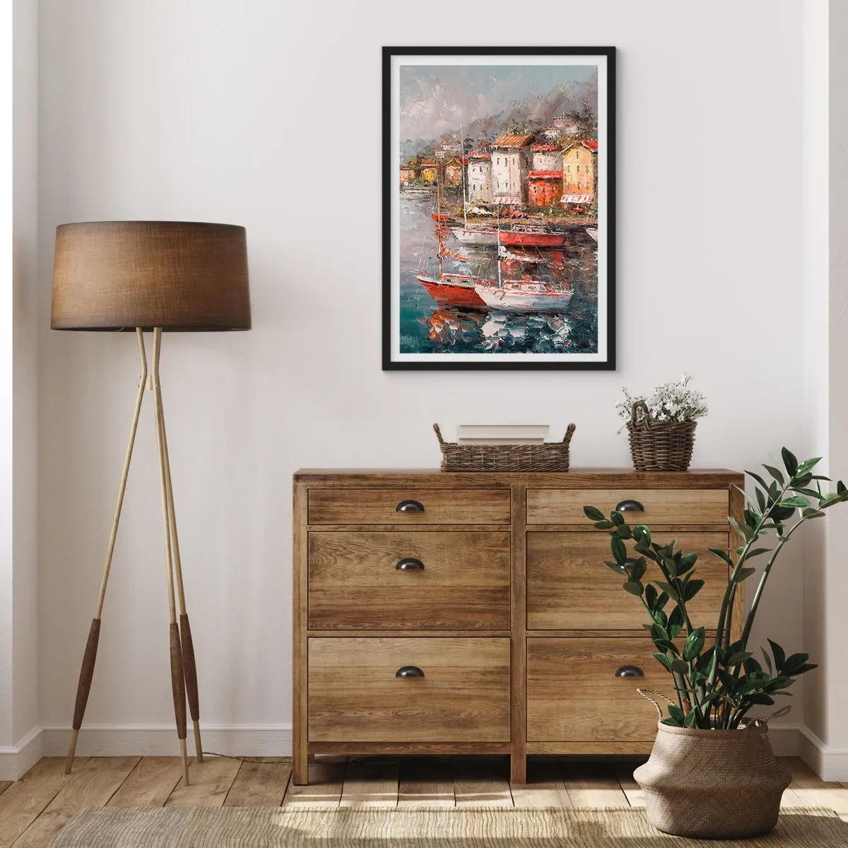 Poster in einem schwarzem Rahmen - Ein malerischer Hafen mit Segelbooten im impressionistischen Stil - 50x70cm - Romantische Oase - Moderne Wanddekoration für Wohnzimmer und Schlafzimmer ARTTOR