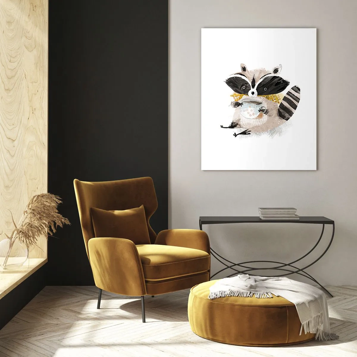 Glasbild - Bild auf glas - Entzückender Waschbär mit einer pastellfarbenen Tasse - 70x100cm - Mein Freund der Waschbär - Moderne Wanddekoration für Wohnzimmer und Schlafzimmer ARTTOR