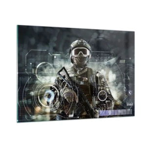 Glasbild - Bild auf glas - Ein Soldat in taktischer Ausrüstung vor dem Hintergrund einer futuristischen Benutzeroberfläche. - 100x70cm - Macht zu Macht - Moderne Wanddekoration für Wohnzimmer und Schlafzimmer ARTTOR