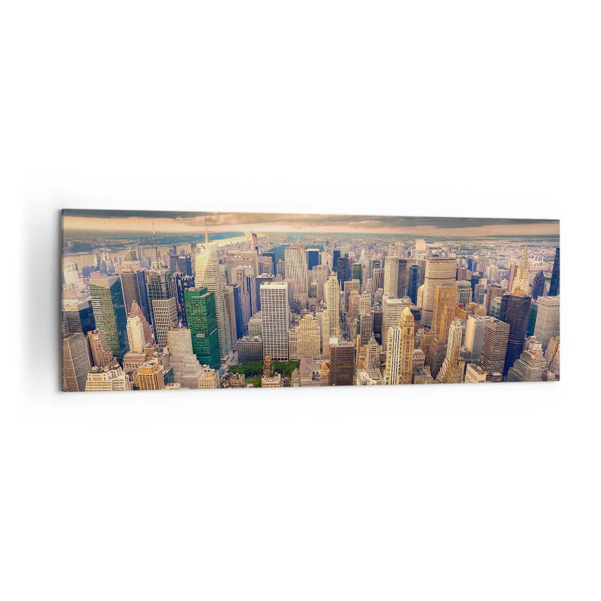 Bild auf Leinwand - Leinwandbild - Stadtpanorama mit Blick auf Wolkenkratzer bei Sonnenuntergang - 160x50cm - Vergoldete Metropole - Moderne Wanddekoration für Wohnzimmer und Schlafzimmer ARTTOR