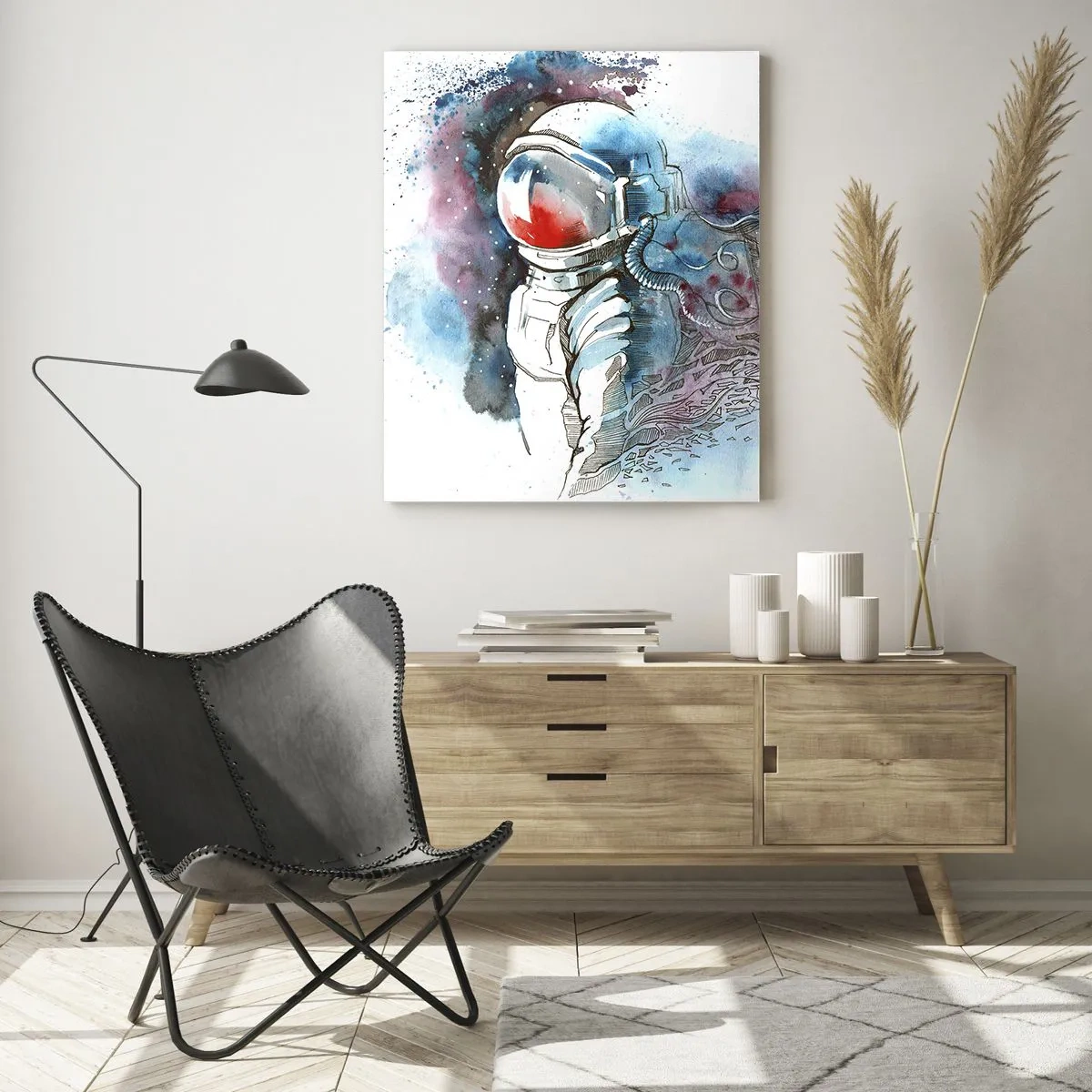 Glasbild - Bild auf glas - Astronaut in einer dynamischen Aquarell-Weltraumkulisse - 50x70cm - Allein mit Platz - Moderne Wanddekoration für Wohnzimmer und Schlafzimmer ARTTOR