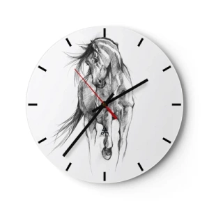 Wanduhr - Glasuhr - Eine Bleistiftskizze eines galoppierenden Pferdes auf weißem Hintergrund. - 30x30cm - Im anmutigen Trab - Moderne Wanddekoration für Wohnzimmer, Küche und Schlafzimmer ARTTOR