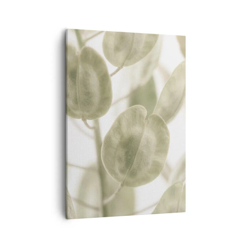 Bild auf Leinwand - Leinwandbild - Ein zartes Gemälde von Blättern in pastellfarbenen Grüntönen auf hellem Hintergrund. - 50x70cm - Am Anfang waren Blätter... - Moderne Wanddekoration für Wohnzimmer und Schlafzimmer ARTTOR