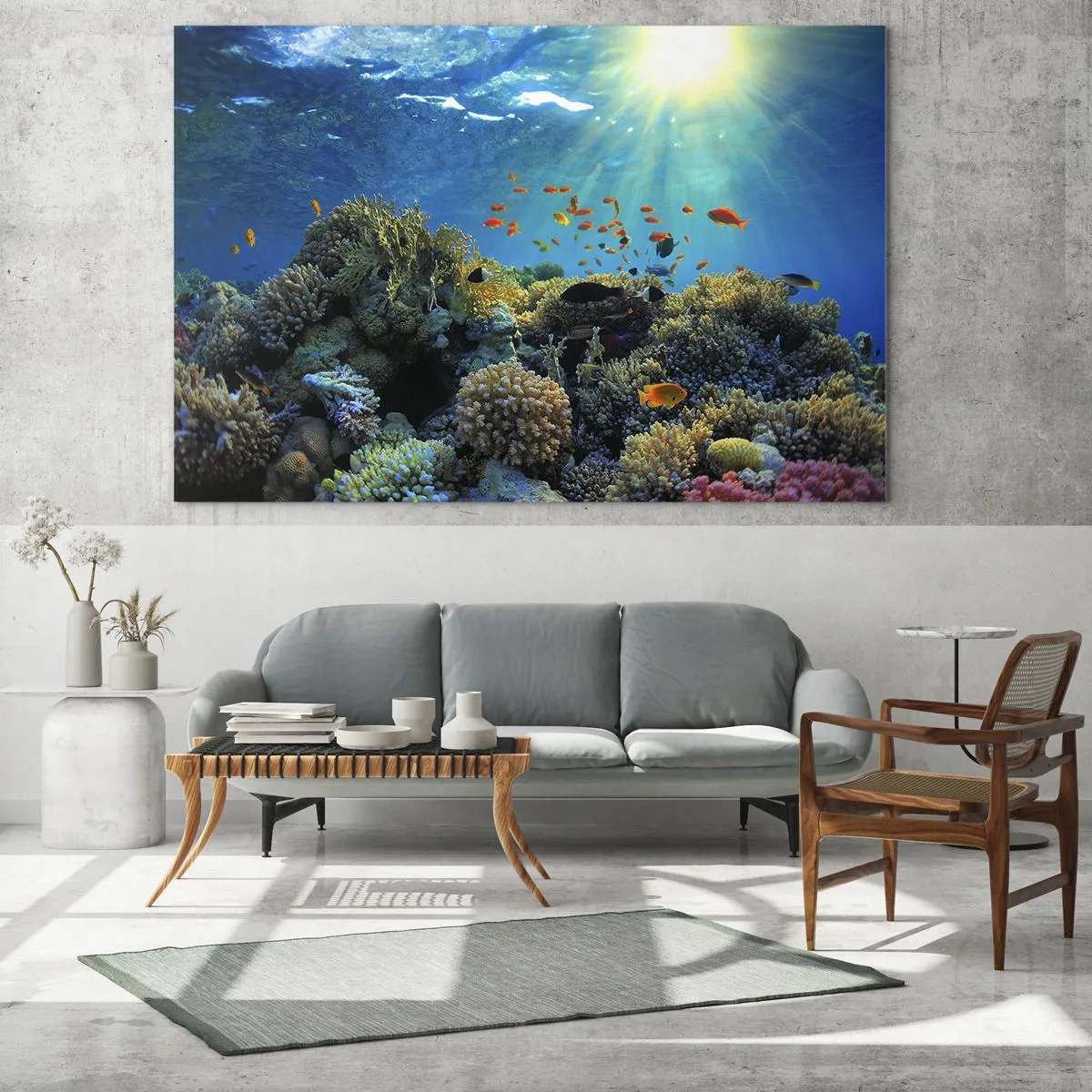 Glasbild - Bild auf glas - Ein farbenfrohes Korallenriff, beleuchtet von den Sonnenstrahlen - 100x70cm - Unterwasserschätze - Moderne Wanddekoration für Wohnzimmer und Schlafzimmer ARTTOR