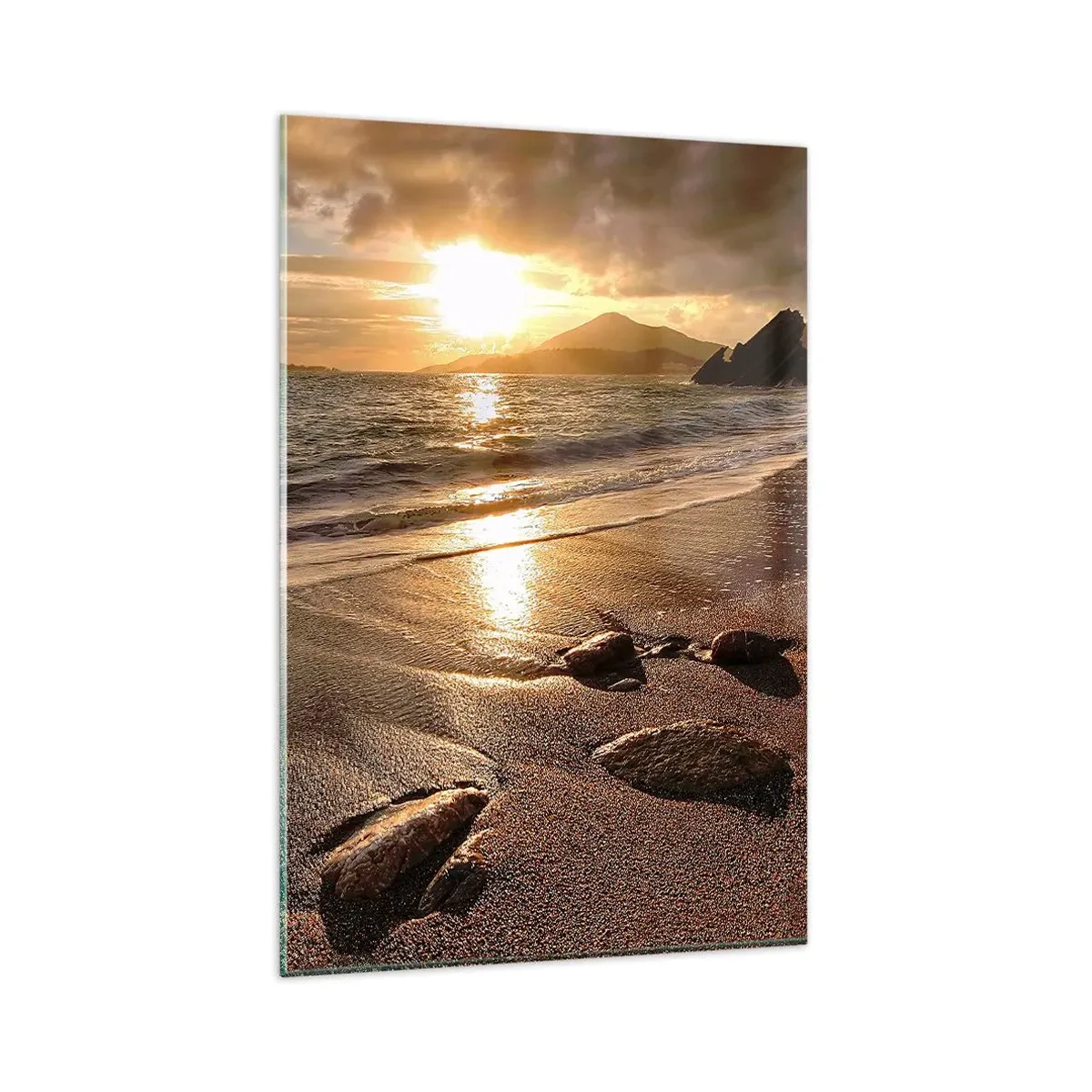 Glasbild - Bild auf glas - Strand bei Sonnenuntergang mit Steinen am Ufer - 80x120cm - Folge der Sonne zu den Hügeln - Moderne Wanddekoration für Wohnzimmer und Schlafzimmer ARTTOR