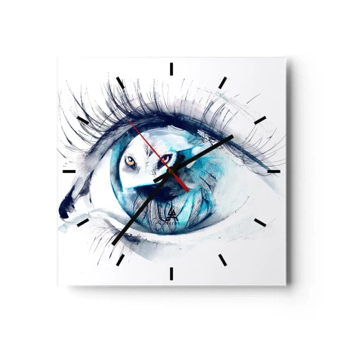 Wanduhr - Glasuhr - Ein Auge mit dem Bild einer Eule in Aquarell-Blautönen - 30x30cm - Auge in Auge mit Wildheit - Moderne Wanddekoration für Wohnzimmer und Schlafzimmer ARTTOR