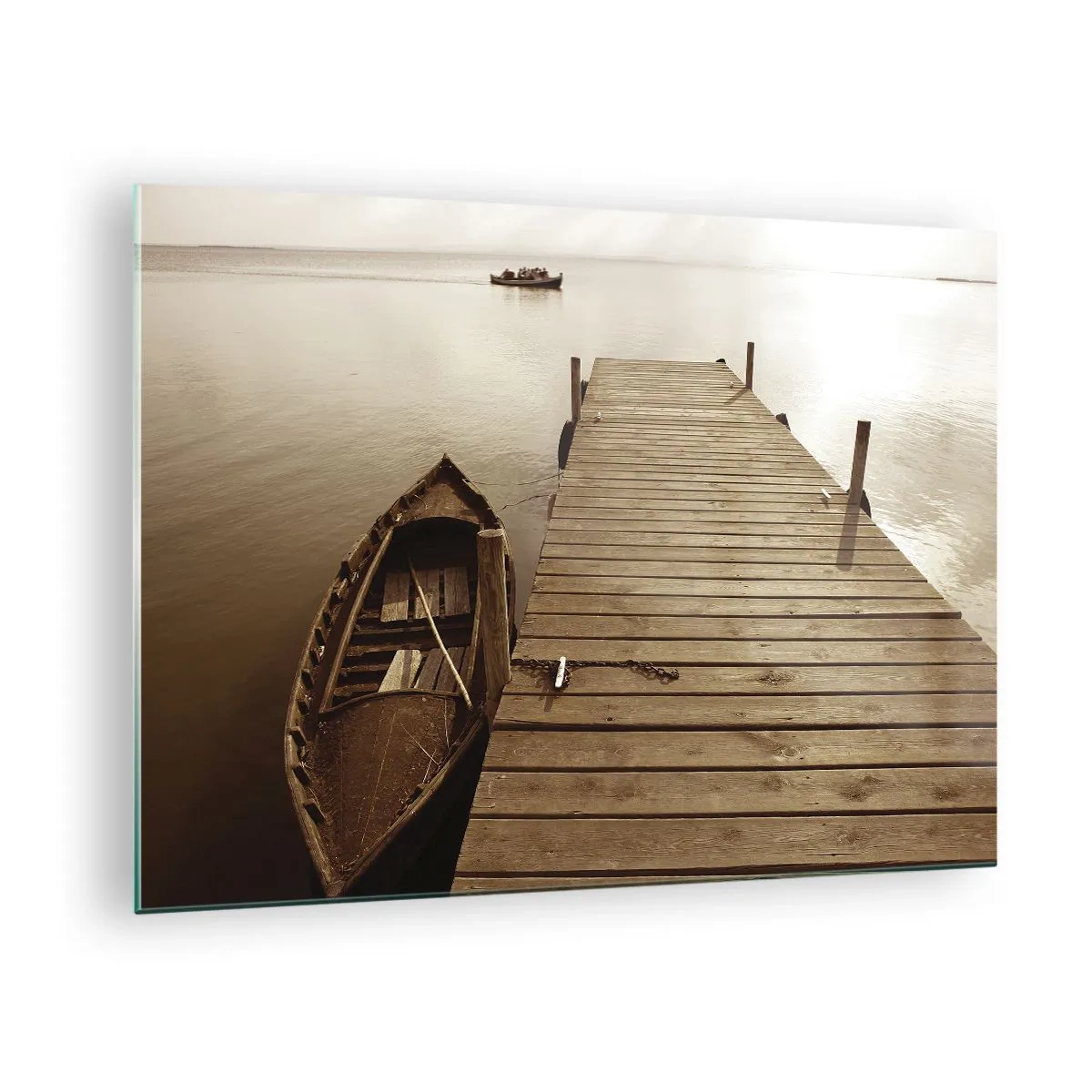 Glasbild - Bild auf glas - Ein Boot an einem Pier auf einem ruhigen See in Sepia - 70x50cm - Großer Frieden - Moderne Wanddekoration für Wohnzimmer und Schlafzimmer ARTTOR