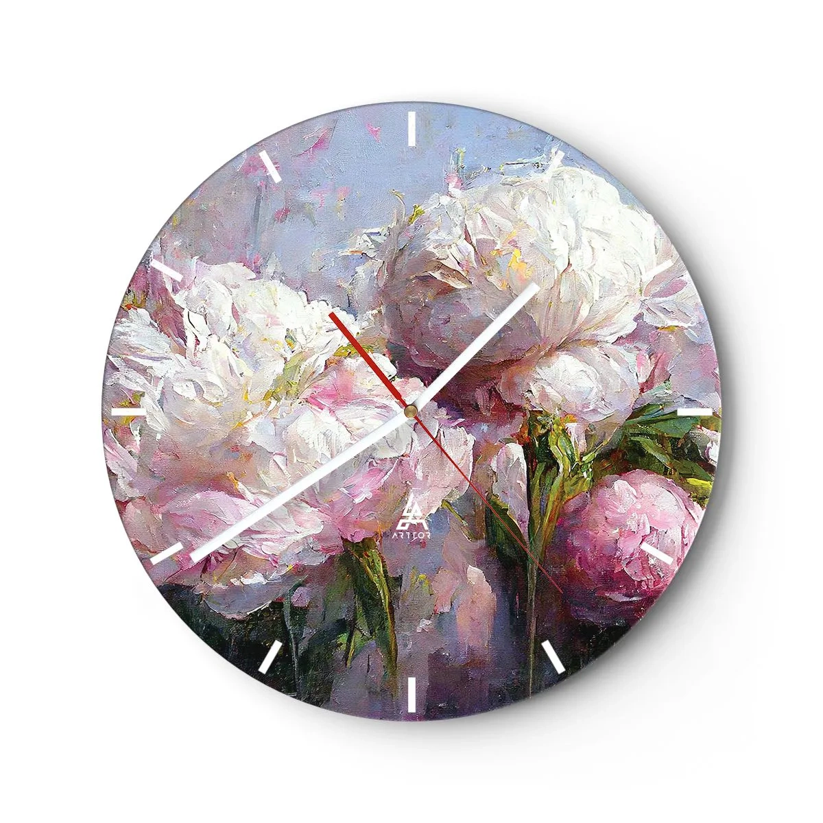 Wanduhr - Glasuhr - Ein Strauß weißer und rosa Blumen auf blauem Hintergrund - 30x30cm - Strauß voller Leben - Moderne Wanddekoration für Wohnzimmer, Küche und Schlafzimmer ARTTOR