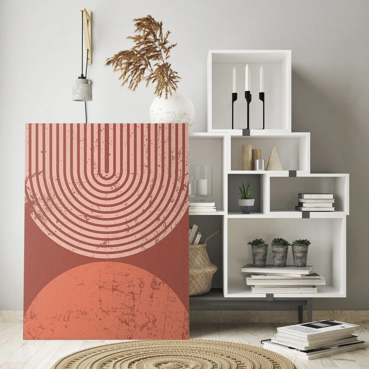 Glasbild - Bild auf glas - Geometrische Muster in Terrakotta-Tönen auf Vintage-Hintergrund - 80x120cm - Enge Beziehung - Moderne Wanddekoration für Wohnzimmer und Schlafzimmer ARTTOR