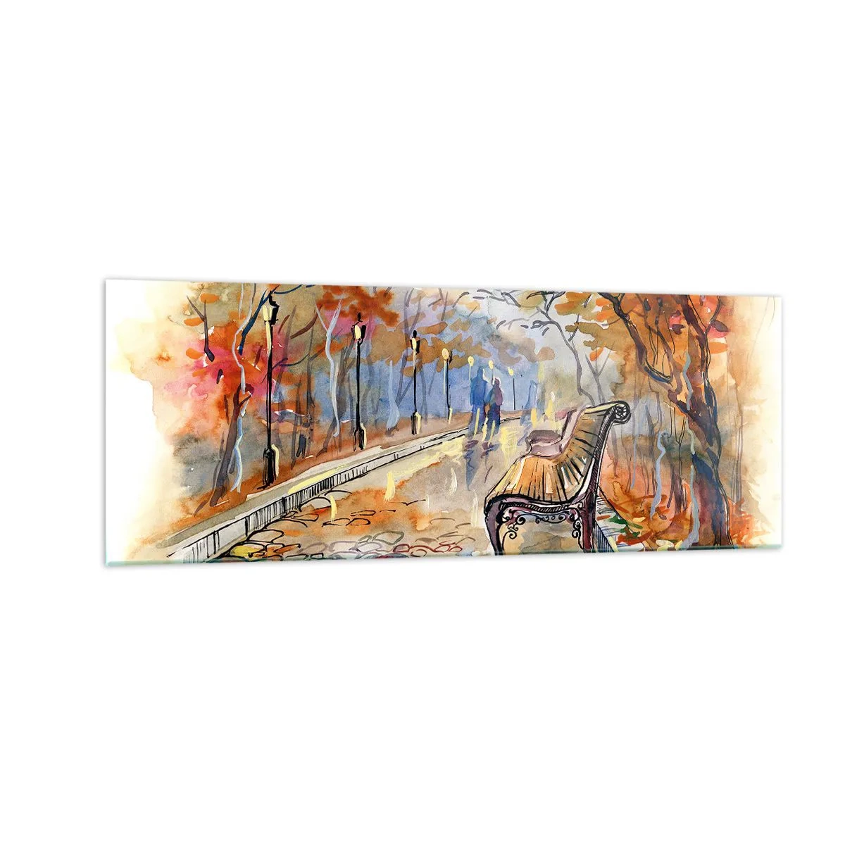 Glasbild - Bild auf glas - Ein herbstlicher Park mit einer Bank in Aquarell - 140x50cm - Gemeinsam im Herbst wandern - Moderne Wanddekoration für Wohnzimmer und Schlafzimmer ARTTOR