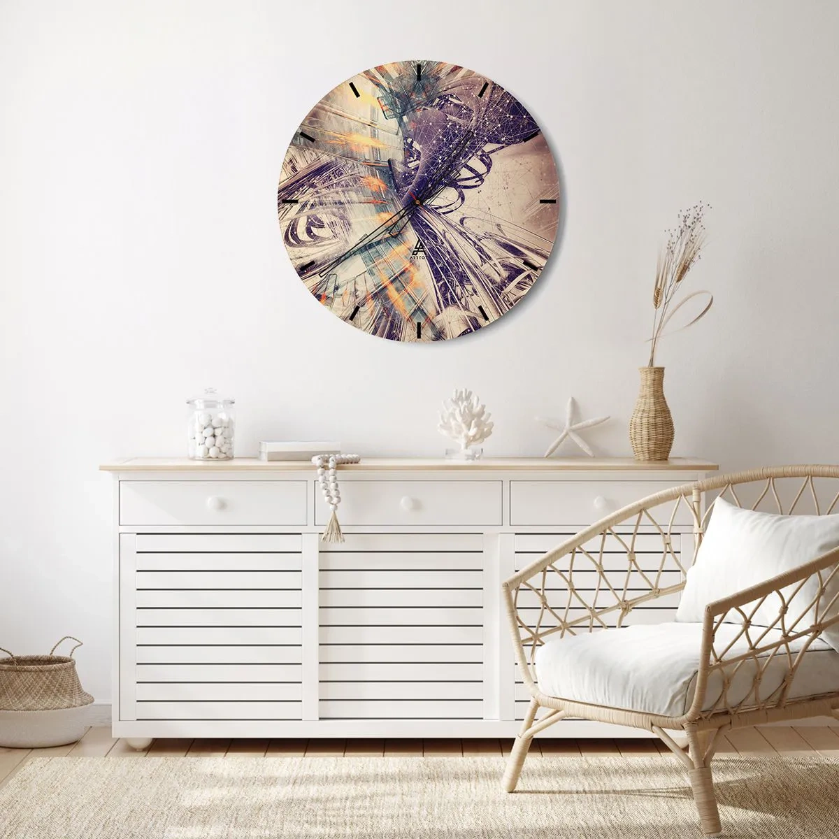 Wanduhr - Glasuhr - Abstrakte geometrische Komposition in Beige- und Lilatönen - 30x30cm - In großer Eile - Moderne Wanddekoration für Wohnzimmer, Küche und Schlafzimmer ARTTOR