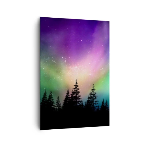 Bild auf Leinwand - Leinwandbild - Aurora Borealis über einem Wald mit Sternenhimmel - 70x100cm - weiße Magie - Moderne Wanddekoration für Wohnzimmer und Schlafzimmer ARTTOR