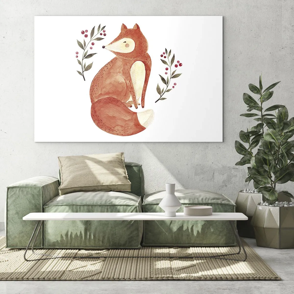 Glasbild - Bild auf glas - Entzückender Aquarellfuchs mit Zweigen und Beeren - 70x50cm - Kleine Rothaarige - Moderne Wanddekoration für Wohnzimmer und Schlafzimmer ARTTOR