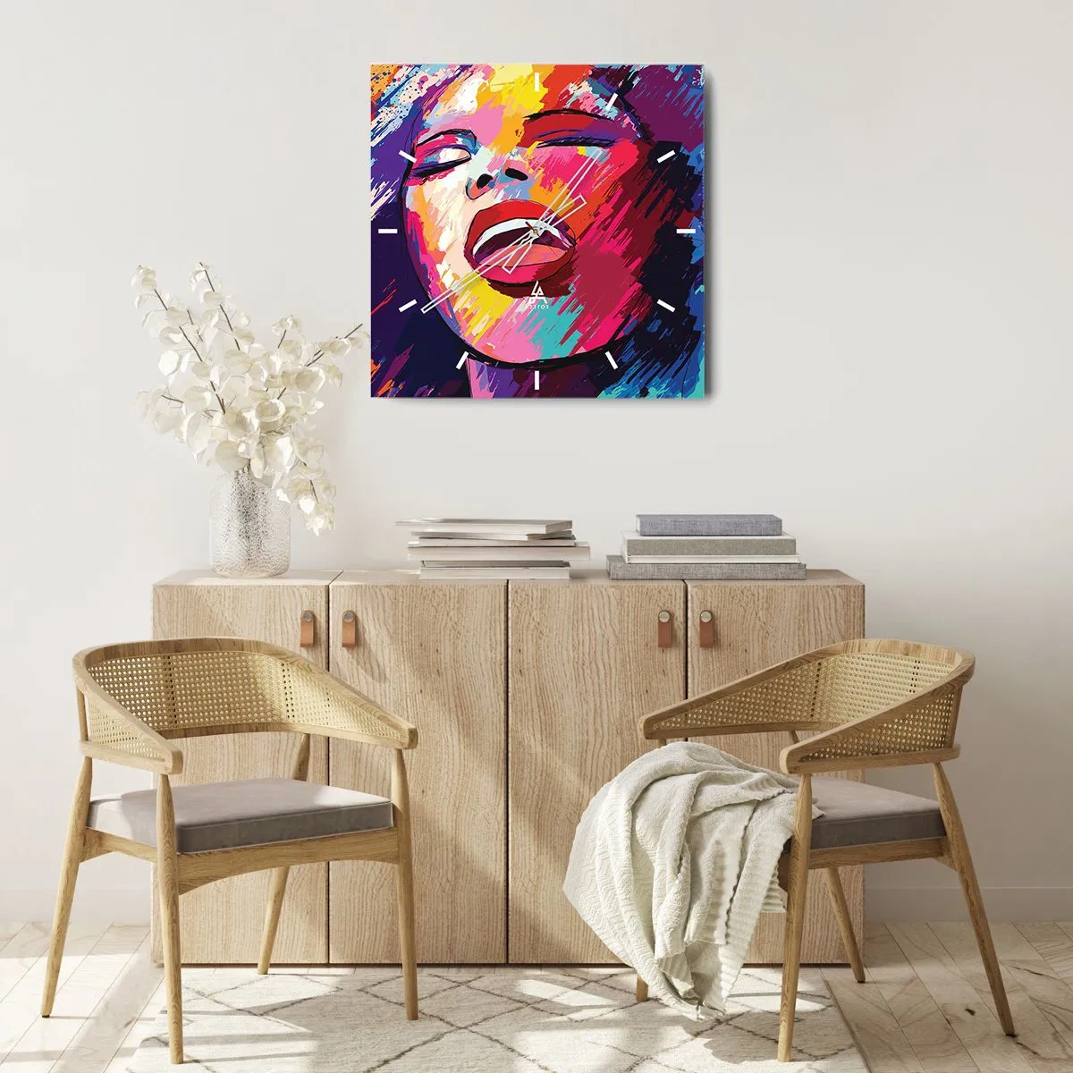 Wanduhr - Glasuhr - Abstraktes Porträt einer Frau in lebendigen Farben - 30x30cm - Sing mein ganzes Leben - Moderne Wanddekoration für Wohnzimmer und Schlafzimmer ARTTOR