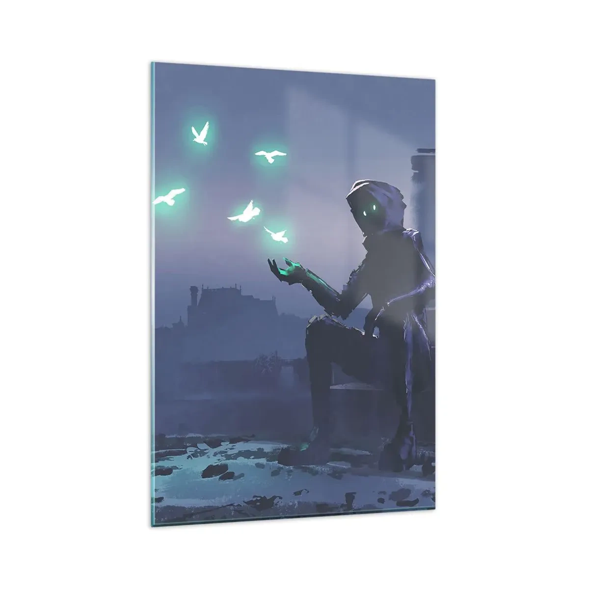 Glasbild - Bild auf glas - Eine vermummte Figur mit magischen Vögeln im Hintergrund einer Stadt - 80x120cm - Das Leben wird zurückkommen - Moderne Wanddekoration für Wohnzimmer und Schlafzimmer ARTTOR