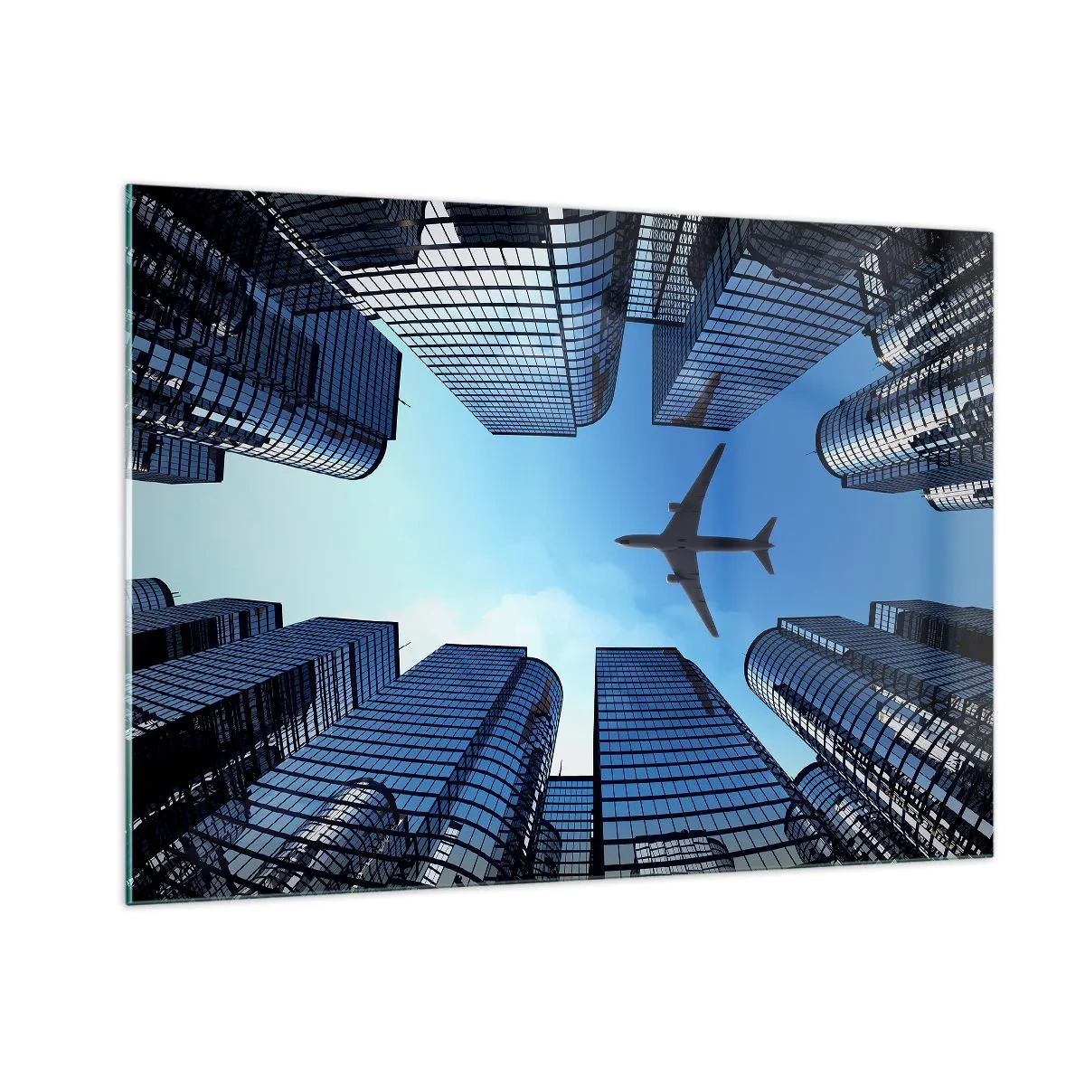 Glasbild - Bild auf glas - Blick auf das Flugzeug zwischen Wolkenkratzern - 100x70cm - Der Blick aus der Glasschlucht - Moderne Wanddekoration für Wohnzimmer und Schlafzimmer ARTTOR