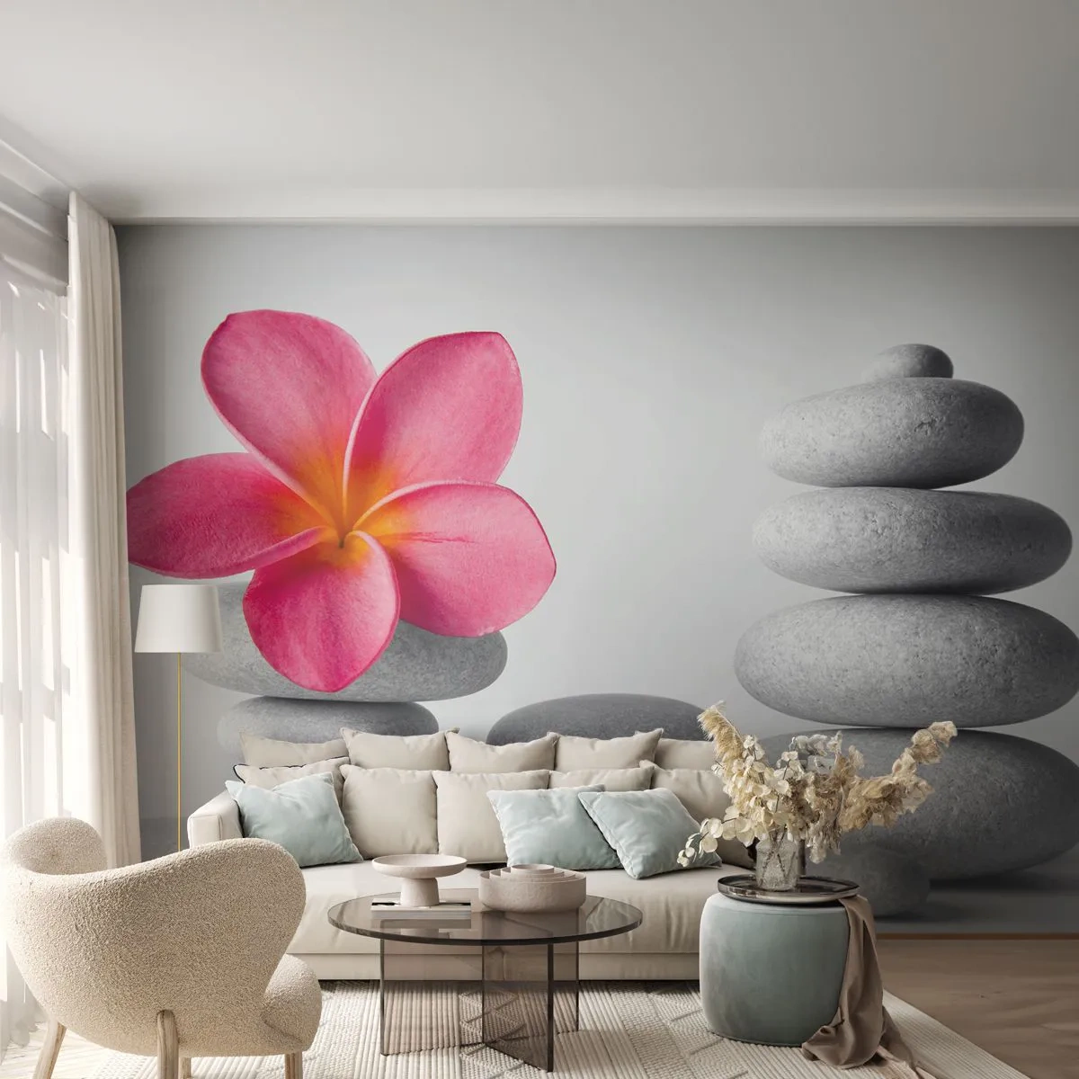 Fototapete Premium Canvas - Stein auf Stein und auf diesem Stein... - Blume, Steine, Spa - 450x315 cm