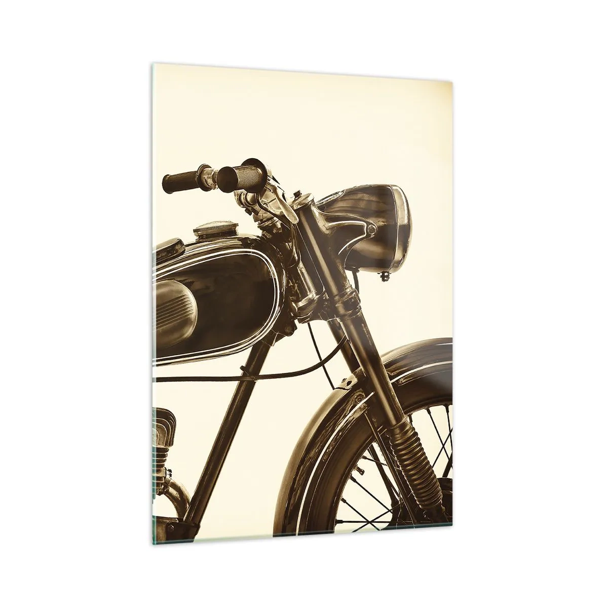 Glasbild - Bild auf glas - Stilvolles Retro-Motorrad in Sepia-Tönen auf hellem Hintergrund - 50x70cm - Sehnsucht nach den Klassikern - Moderne Wanddekoration für Wohnzimmer und Schlafzimmer ARTTOR