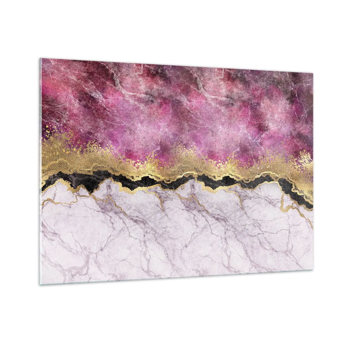 Glasbild - Bild auf glas - Abstrakte Marmorkomposition mit goldenen und violetten Akzenten - 100x70cm - An der Grenze - Moderne Wanddekoration für Wohnzimmer und Schlafzimmer ARTTOR