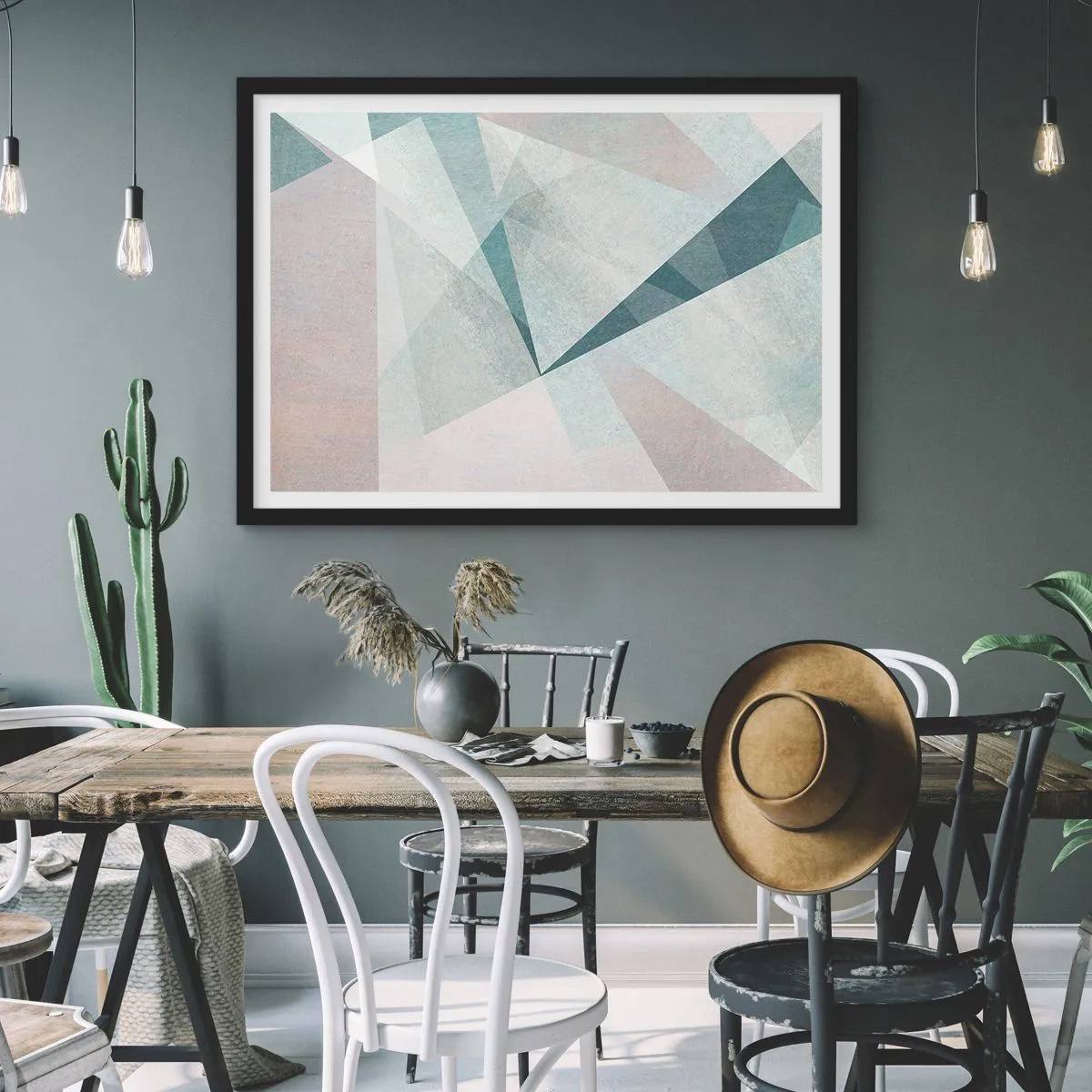 Poster in einem schwarzem Rahmen - Geometrische Formen in Pastelltönen von Blau und Grau - 100x70cm - Einfach aber dynamisch - Moderne Wanddekoration für Wohnzimmer und Schlafzimmer ARTTOR