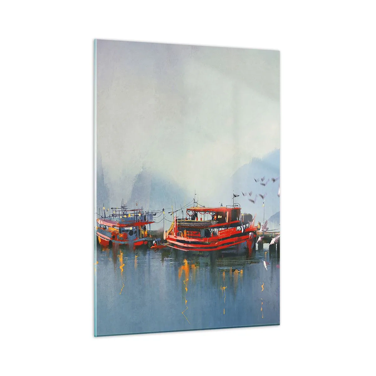 Glasbild - Bild auf glas - Ein Hafen mit roten Booten, einem Leuchtturm und Vögeln vor der Kulisse der Berge - 50x70cm - Am Ende der Welt - Moderne Wanddekoration für Wohnzimmer und Schlafzimmer ARTTOR
